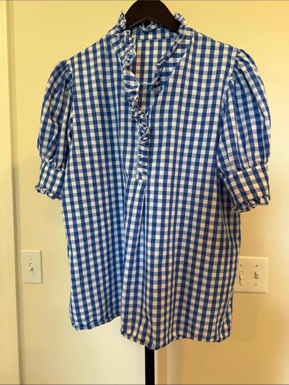 Blue and White Gingham Ruffle Neck Blouse